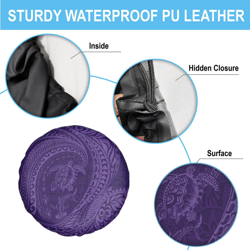 Hawaiian Turtle and Shark Spare Tire Cover Kakau Tribal with Polynesian Pattern Purple Color