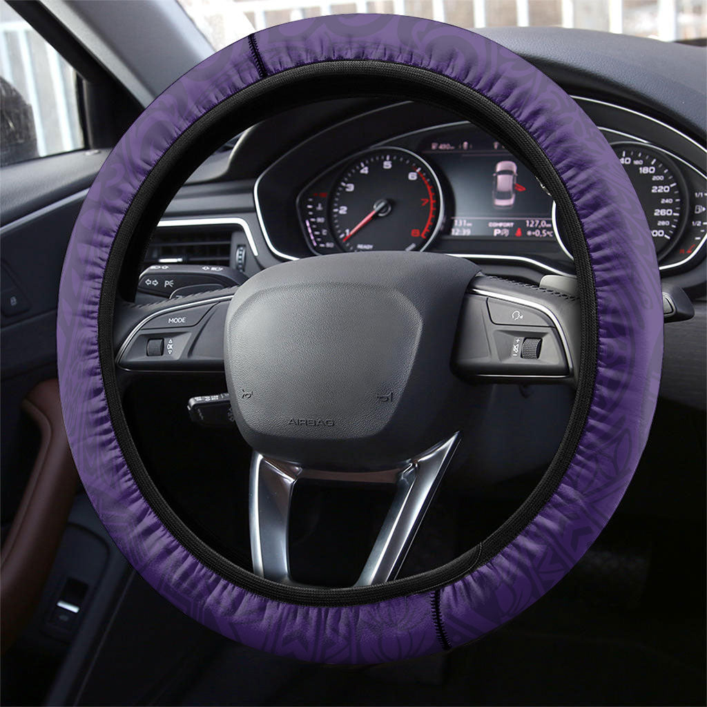 Hawaiian Turtle and Shark Steering Wheel Cover Kakau Tribal with Polynesian Pattern Purple Color