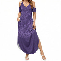 Hawaiian Turtle and Shark Summer Maxi Dress Kakau Tribal with Polynesian Pattern Purple Color