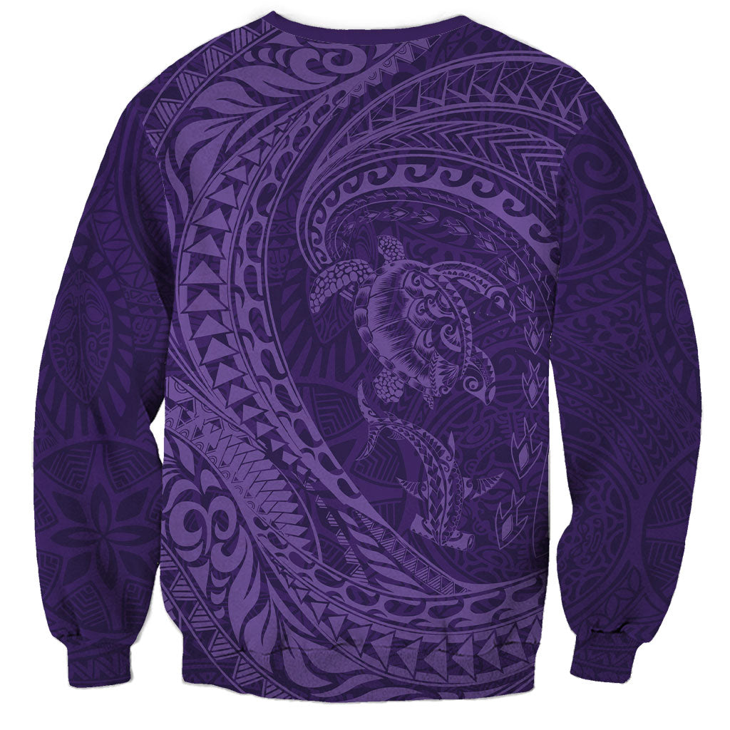Hawaiian Turtle and Shark Sweatshirt Kakau Tribal with Polynesian Pattern Purple Color