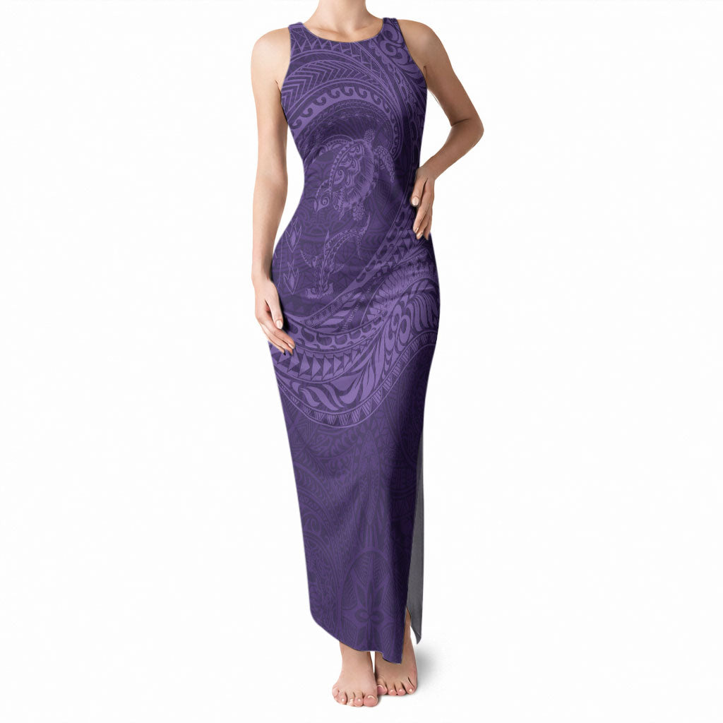 Hawaiian Turtle and Shark Tank Maxi Dress Kakau Tribal with Polynesian Pattern Purple Color