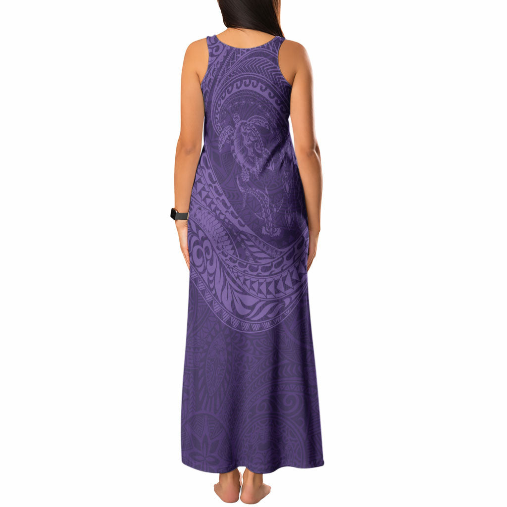 Hawaiian Turtle and Shark Tank Maxi Dress Kakau Tribal with Polynesian Pattern Purple Color