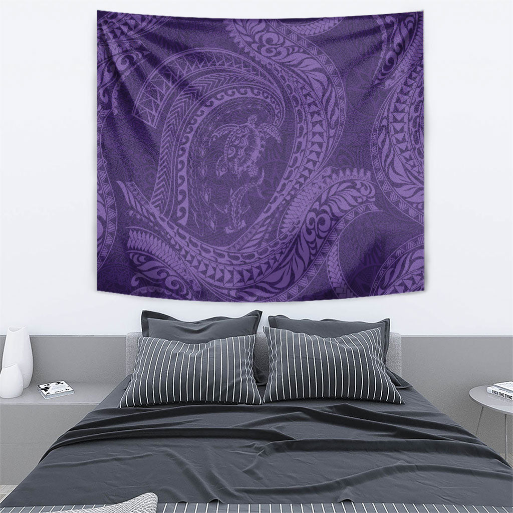 Hawaiian Turtle and Shark Tapestry Kakau Tribal with Polynesian Pattern Purple Color