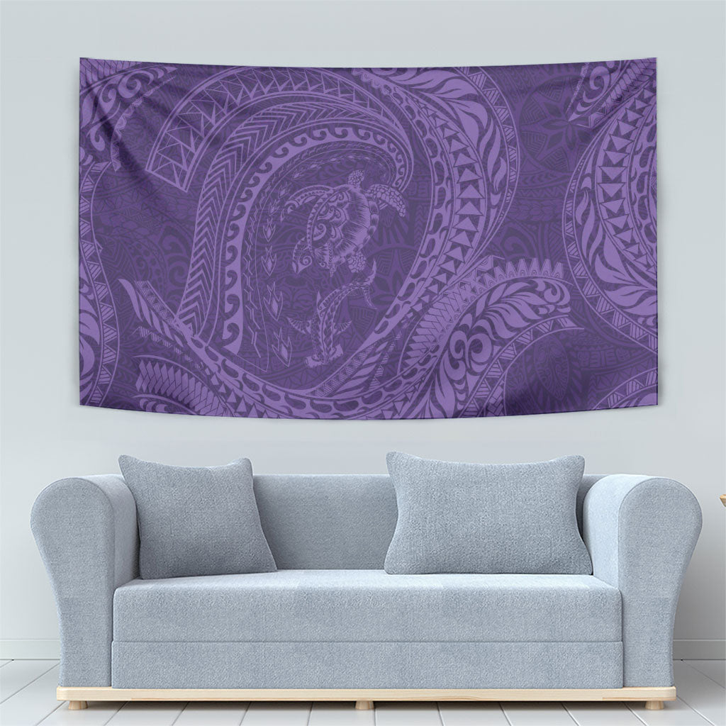Hawaiian Turtle and Shark Tapestry Kakau Tribal with Polynesian Pattern Purple Color