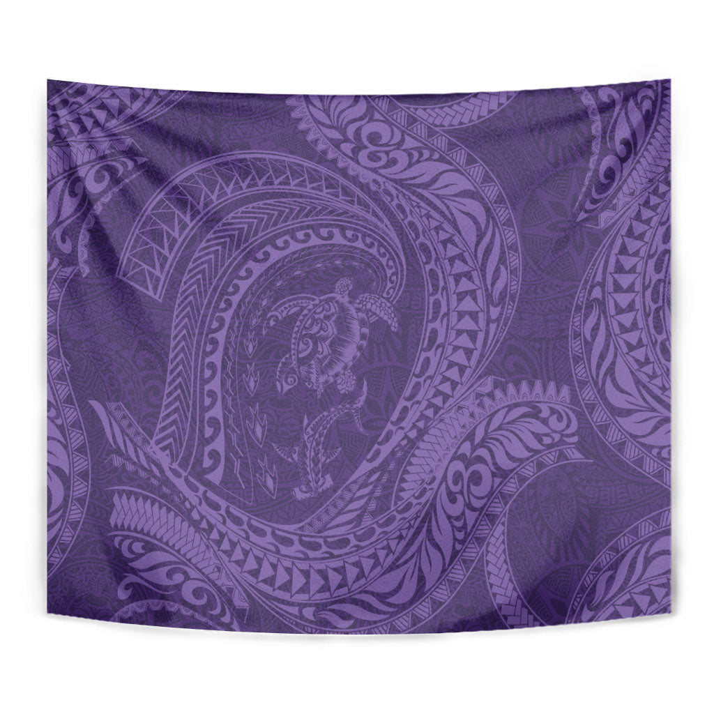 Hawaiian Turtle and Shark Tapestry Kakau Tribal with Polynesian Pattern Purple Color