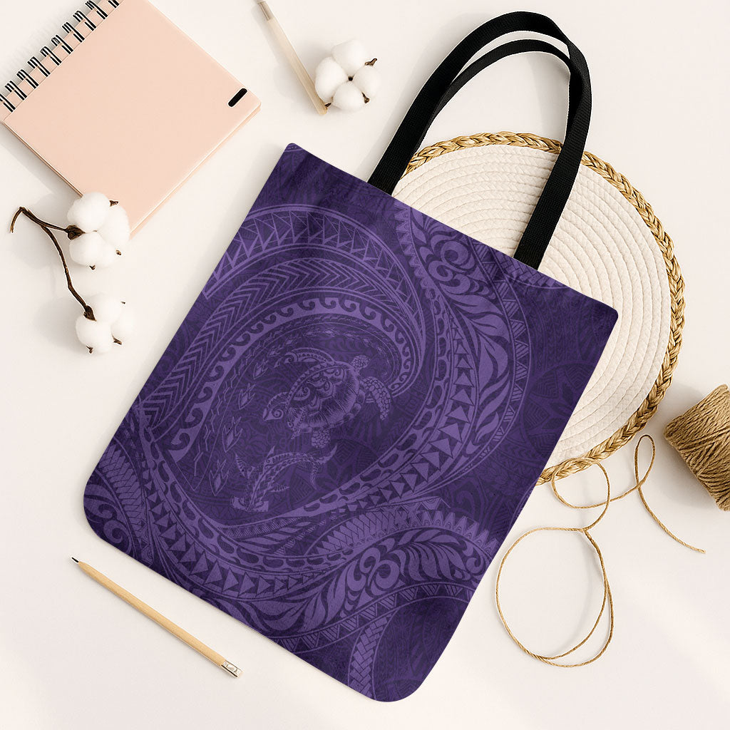 Hawaiian Turtle and Shark Tote Bag Kakau Tribal with Polynesian Pattern Purple Color
