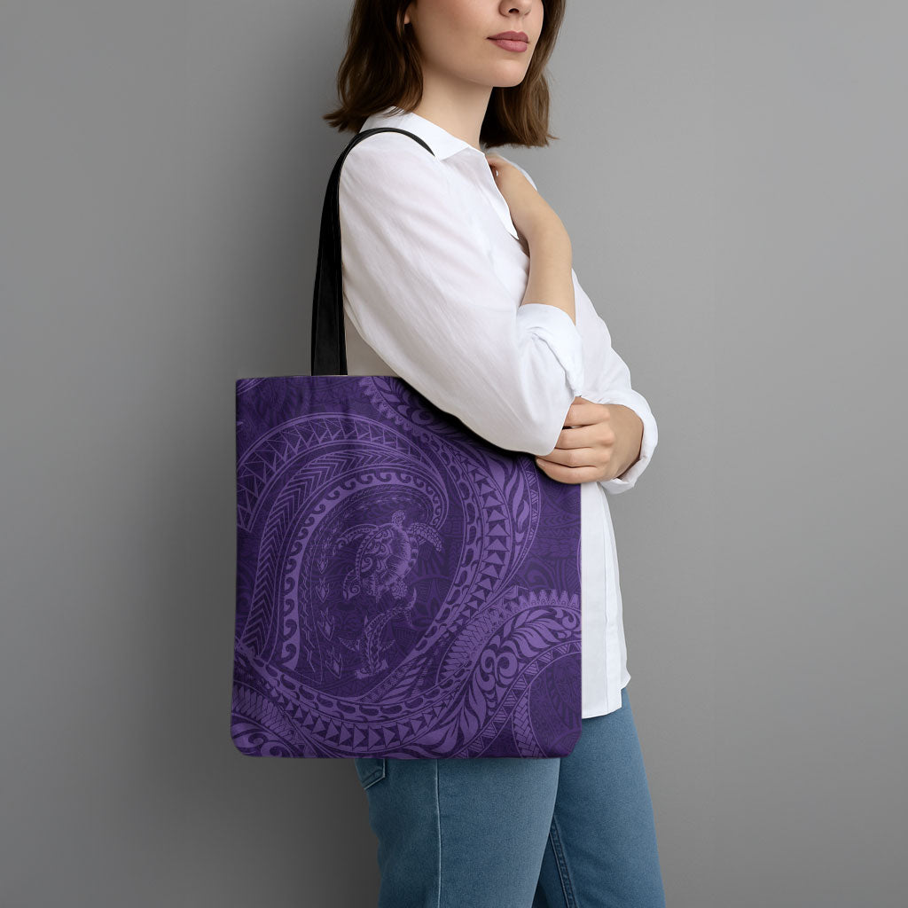 Hawaiian Turtle and Shark Tote Bag Kakau Tribal with Polynesian Pattern Purple Color