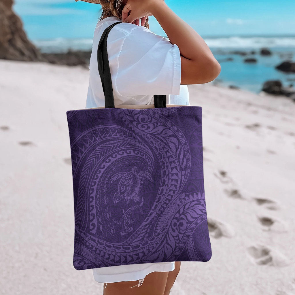 Hawaiian Turtle and Shark Tote Bag Kakau Tribal with Polynesian Pattern Purple Color