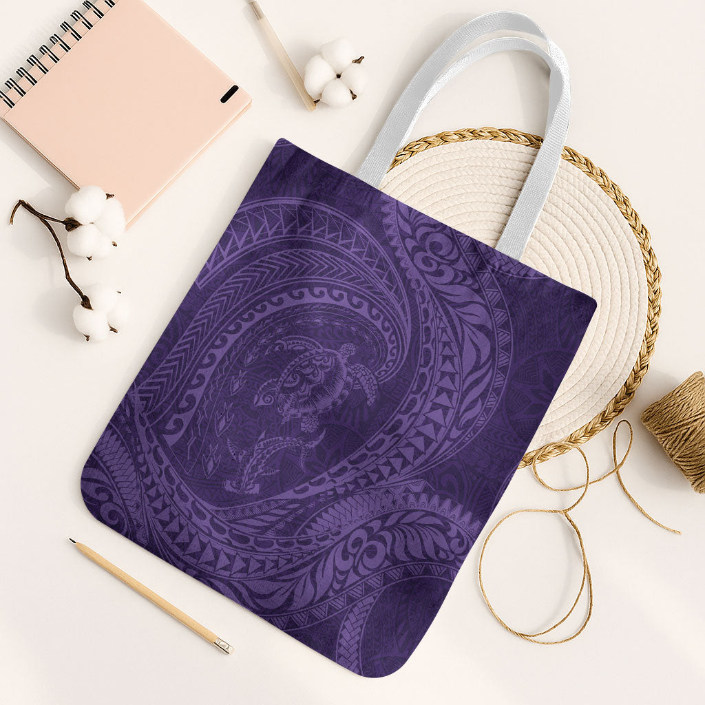 Hawaiian Turtle and Shark Tote Bag Kakau Tribal with Polynesian Pattern Purple Color