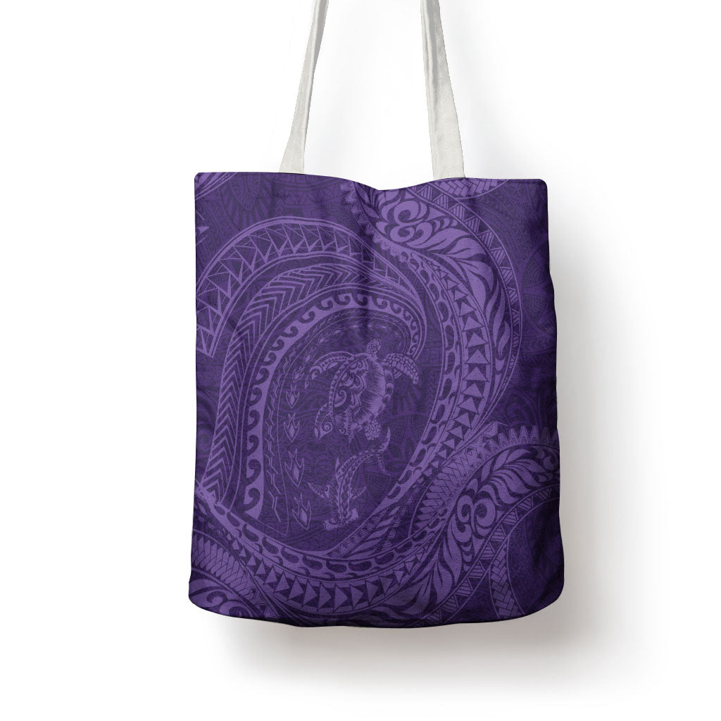 Hawaiian Turtle and Shark Tote Bag Kakau Tribal with Polynesian Pattern Purple Color