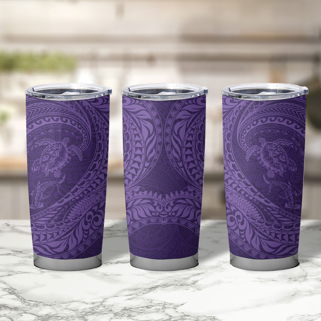 Hawaiian Turtle and Shark Tumbler Cup Kakau Tribal with Polynesian Pattern Purple Color