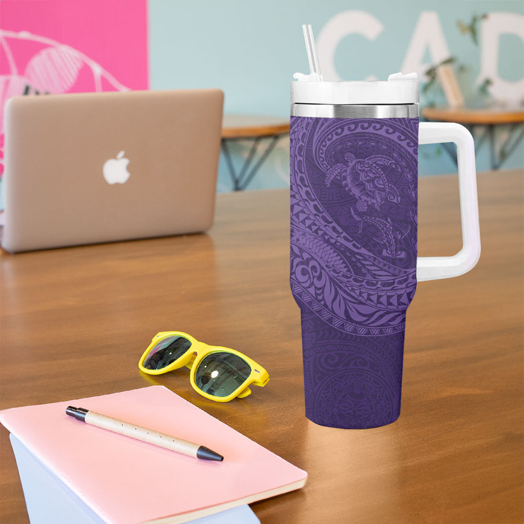 Hawaiian Turtle and Shark Tumbler With Handle Kakau Tribal with Polynesian Pattern Purple Color