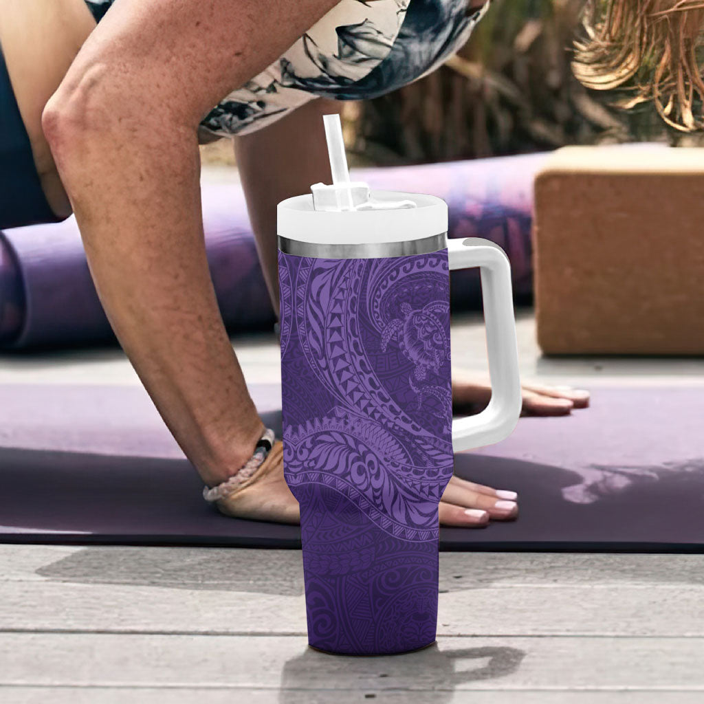 Hawaiian Turtle and Shark Tumbler With Handle Kakau Tribal with Polynesian Pattern Purple Color