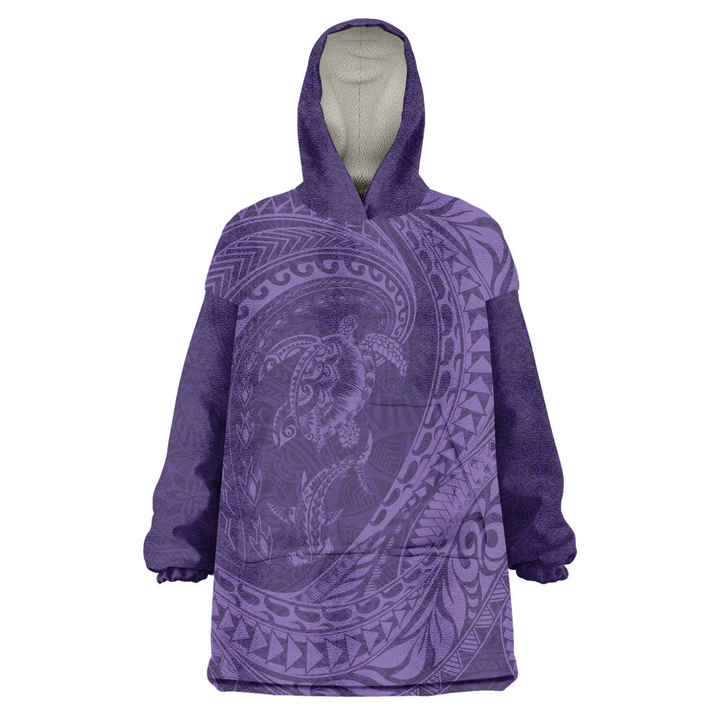 Hawaiian Turtle and Shark Wearable Blanket Hoodie Kakau Tribal with Polynesian Pattern Purple Color