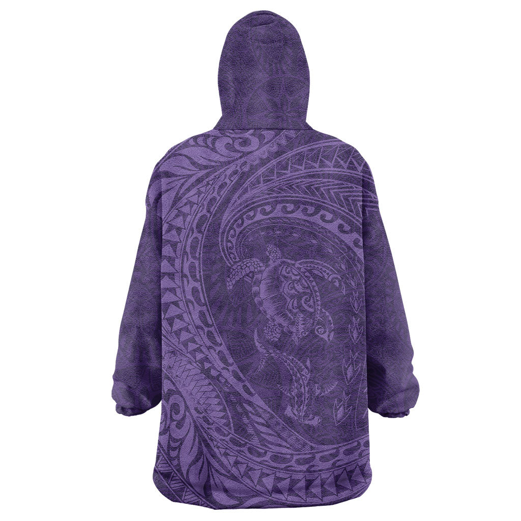 Hawaiian Turtle and Shark Wearable Blanket Hoodie Kakau Tribal with Polynesian Pattern Purple Color