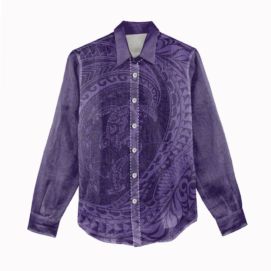 Hawaiian Turtle and Shark Women Casual Shirt Kakau Tribal with Polynesian Pattern Purple Color