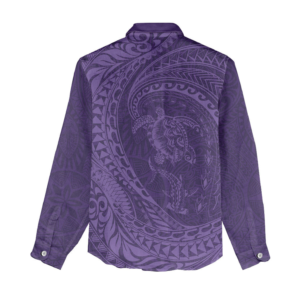 Hawaiian Turtle and Shark Women Casual Shirt Kakau Tribal with Polynesian Pattern Purple Color
