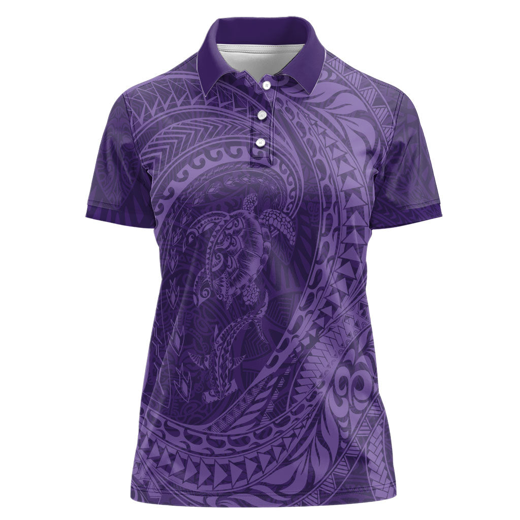 Hawaiian Turtle and Shark Women Polo Shirt Kakau Tribal with Polynesian Pattern Purple Color