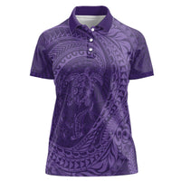 Hawaiian Turtle and Shark Women Polo Shirt Kakau Tribal with Polynesian Pattern Purple Color