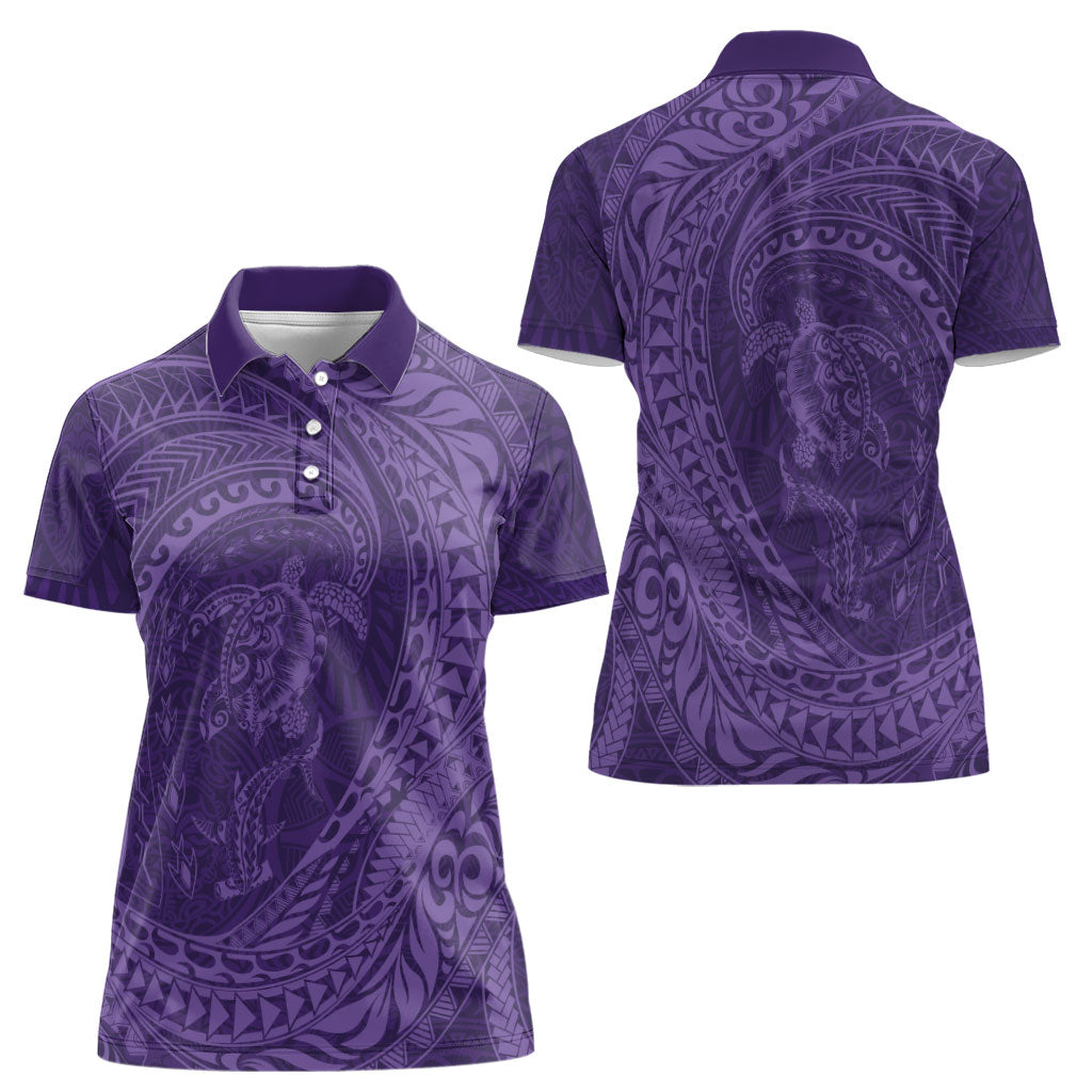 Hawaiian Turtle and Shark Women Polo Shirt Kakau Tribal with Polynesian Pattern Purple Color