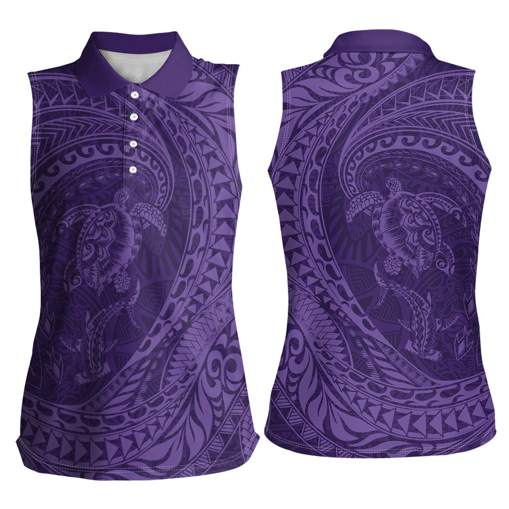 Hawaiian Turtle and Shark Women Sleeveless Polo Shirt Kakau Tribal with Polynesian Pattern Purple Color