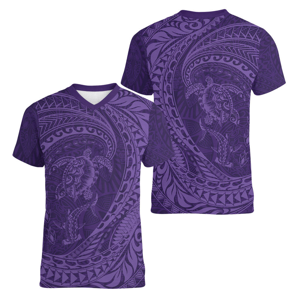 Hawaiian Turtle and Shark Women V-Neck T-Shirt Kakau Tribal with Polynesian Pattern Purple Color