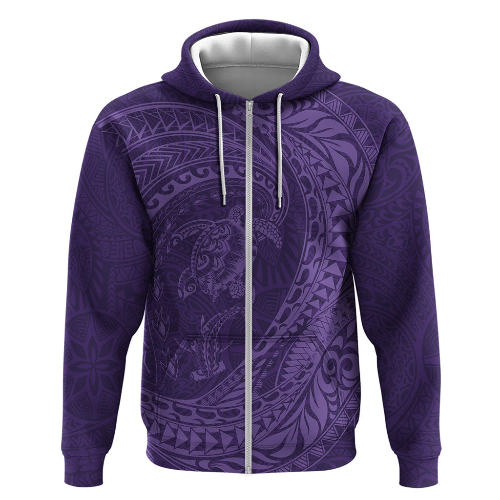 Hawaiian Turtle and Shark Zip Hoodie Kakau Tribal with Polynesian Pattern Purple Color