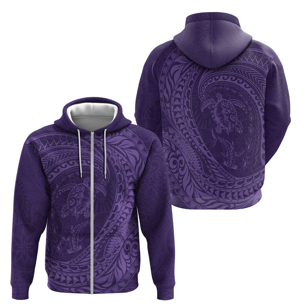 Hawaiian Turtle and Shark Zip Hoodie Kakau Tribal with Polynesian Pattern Purple Color