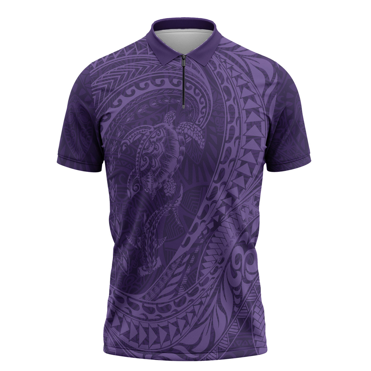 Hawaiian Turtle and Shark Zipper Polo Shirt Kakau Tribal with Polynesian Pattern Purple Color
