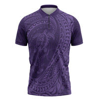 Hawaiian Turtle and Shark Zipper Polo Shirt Kakau Tribal with Polynesian Pattern Purple Color