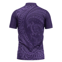 Hawaiian Turtle and Shark Zipper Polo Shirt Kakau Tribal with Polynesian Pattern Purple Color