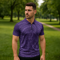 Hawaiian Turtle and Shark Zipper Polo Shirt Kakau Tribal with Polynesian Pattern Purple Color