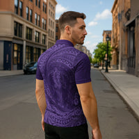 Hawaiian Turtle and Shark Zipper Polo Shirt Kakau Tribal with Polynesian Pattern Purple Color