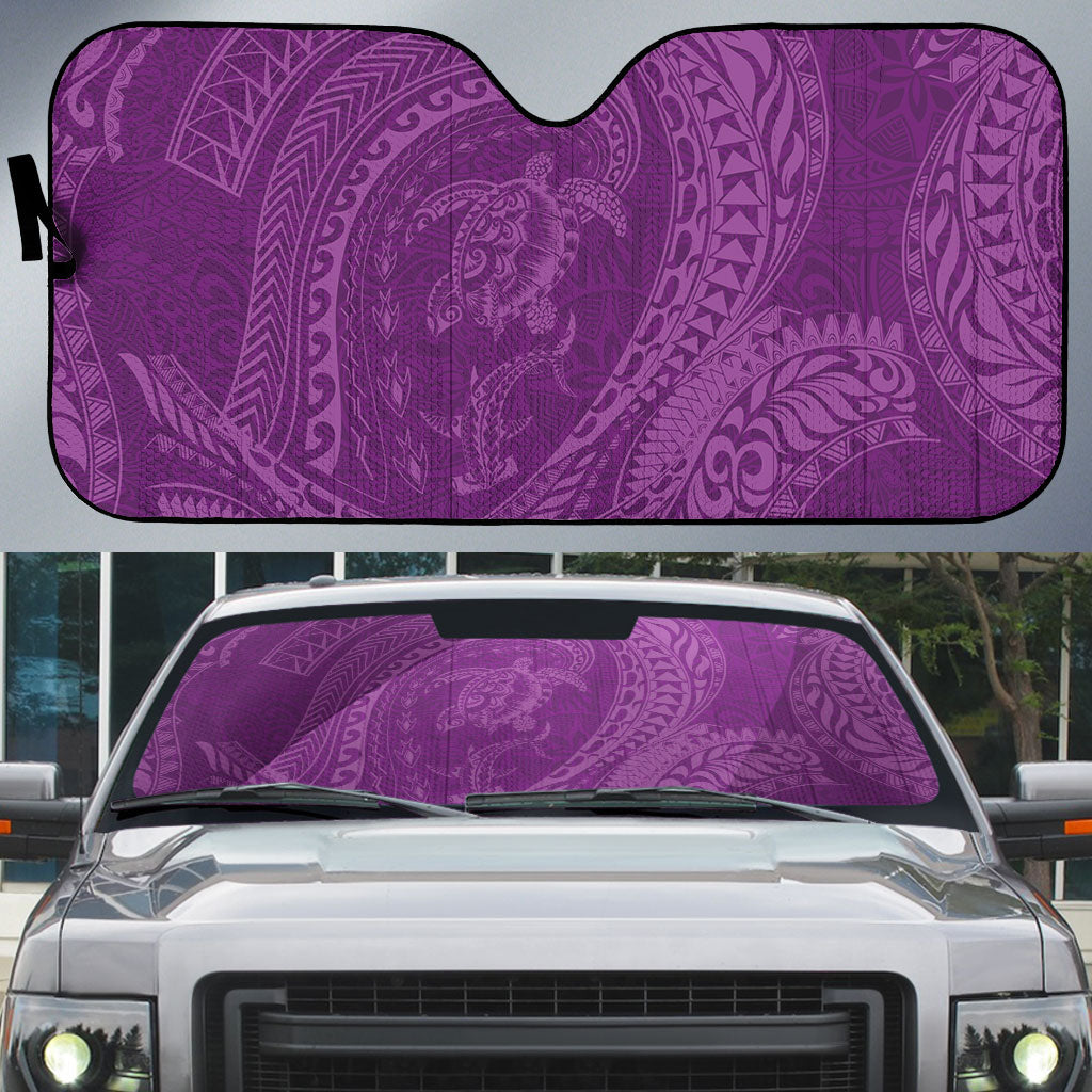 Hawaiian Turtle and Shark Auto Sun Shade Kakau Tribal with Polynesian Pattern Pink Color