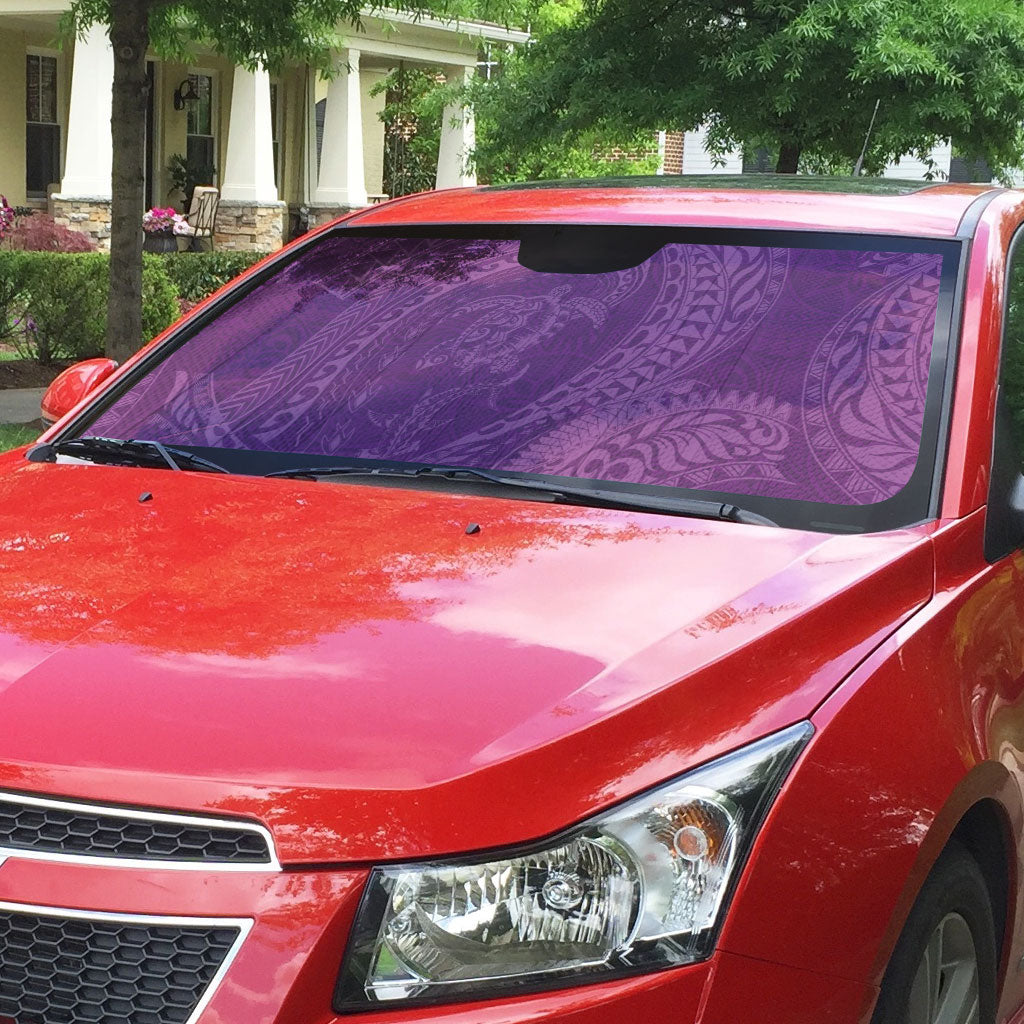 Hawaiian Turtle and Shark Auto Sun Shade Kakau Tribal with Polynesian Pattern Pink Color