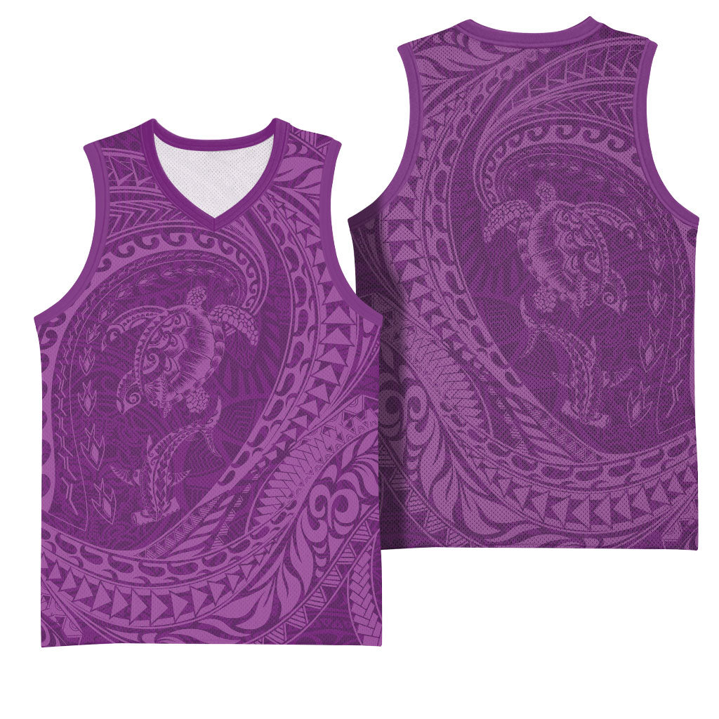 Hawaiian Turtle and Shark Basketball Jersey Kakau Tribal with Polynesian Pattern Pink Color