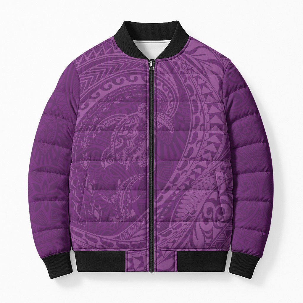 Hawaiian Turtle and Shark Bomber Puffer Jacket Kakau Tribal with Polynesian Pattern Pink Color