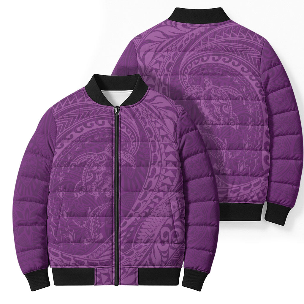 Hawaiian Turtle and Shark Bomber Puffer Jacket Kakau Tribal with Polynesian Pattern Pink Color