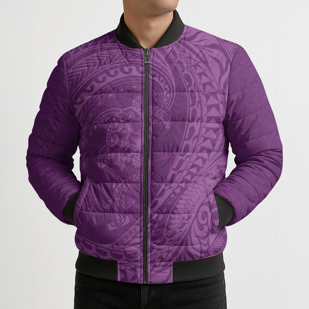 Hawaiian Turtle and Shark Bomber Puffer Jacket Kakau Tribal with Polynesian Pattern Pink Color
