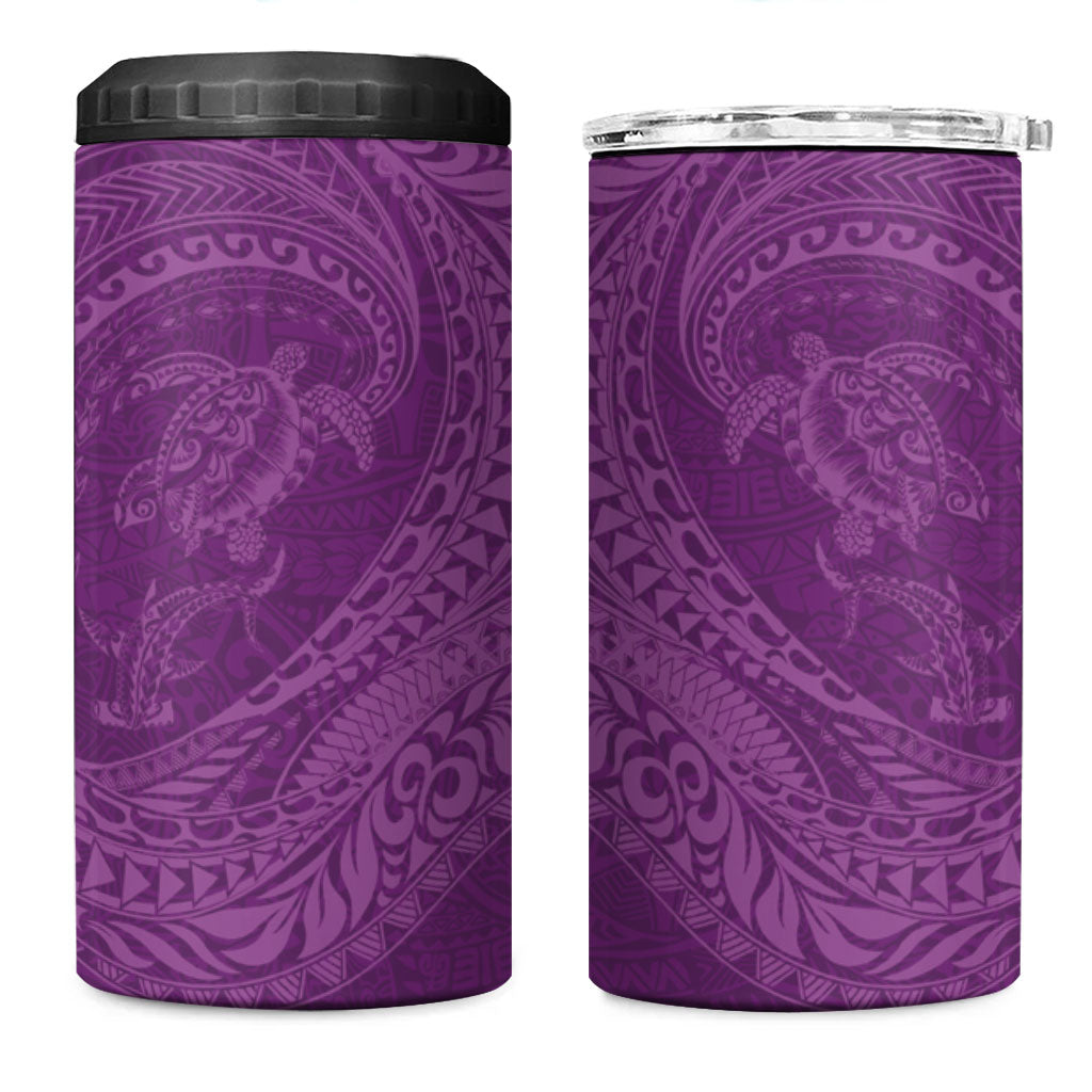 Hawaiian Turtle and Shark 4 in 1 Can Cooler Tumbler Kakau Tribal with Polynesian Pattern Pink Color