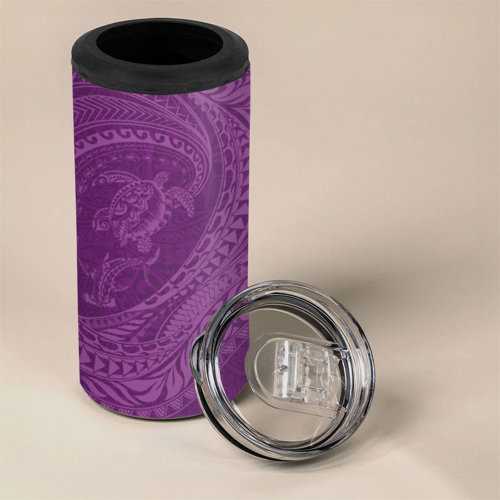 Hawaiian Turtle and Shark 4 in 1 Can Cooler Tumbler Kakau Tribal with Polynesian Pattern Pink Color