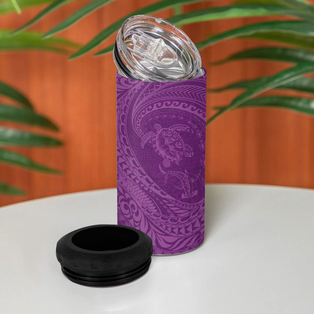Hawaiian Turtle and Shark 4 in 1 Can Cooler Tumbler Kakau Tribal with Polynesian Pattern Pink Color
