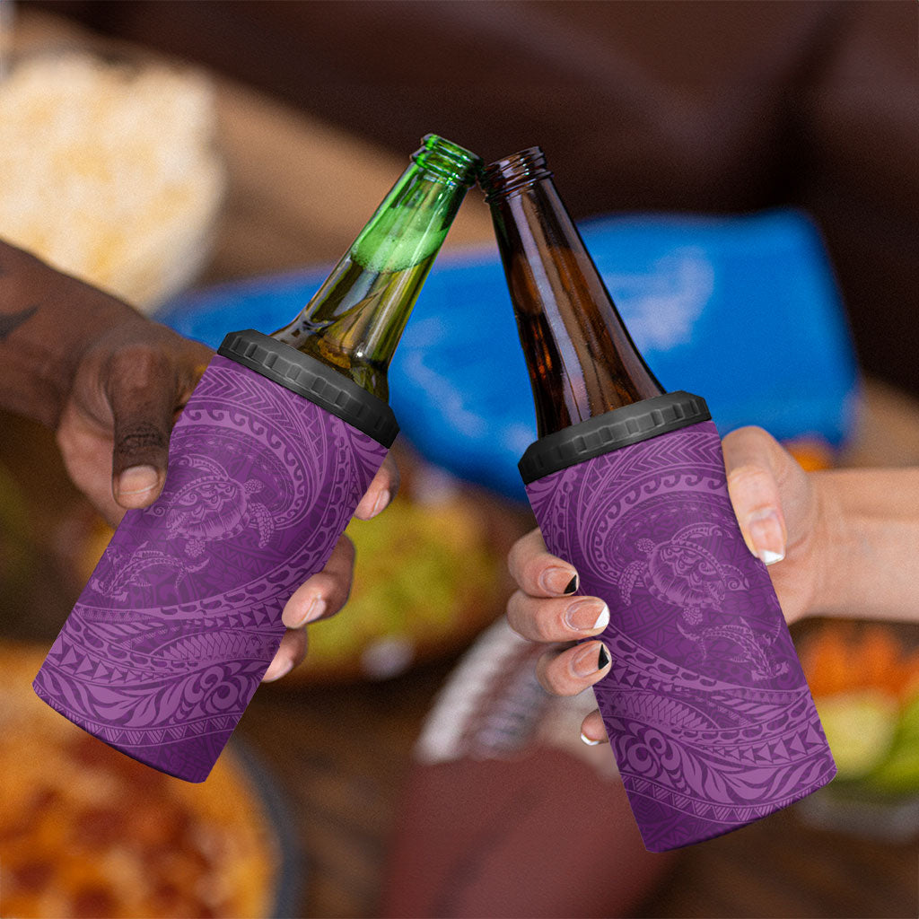 Hawaiian Turtle and Shark 4 in 1 Can Cooler Tumbler Kakau Tribal with Polynesian Pattern Pink Color
