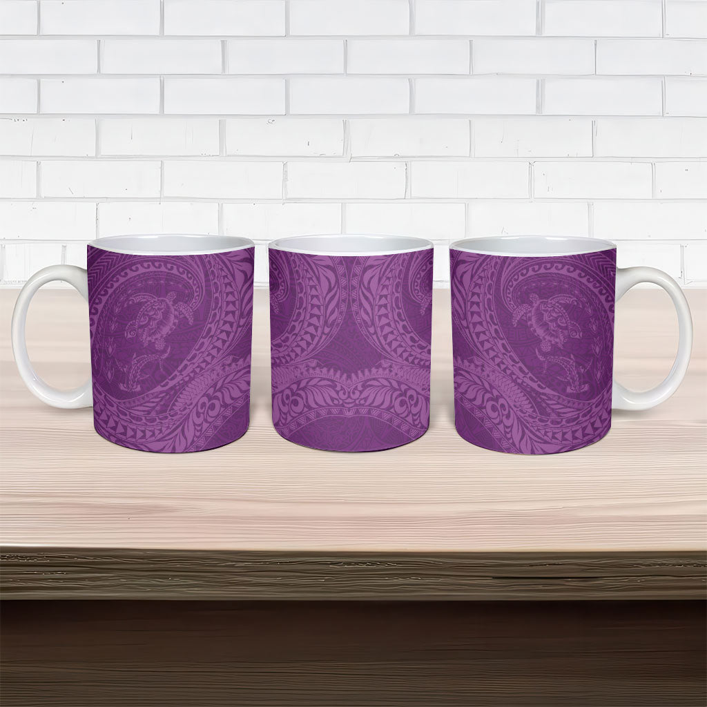 Hawaiian Turtle and Shark Ceramic Mug Kakau Tribal with Polynesian Pattern Pink Color