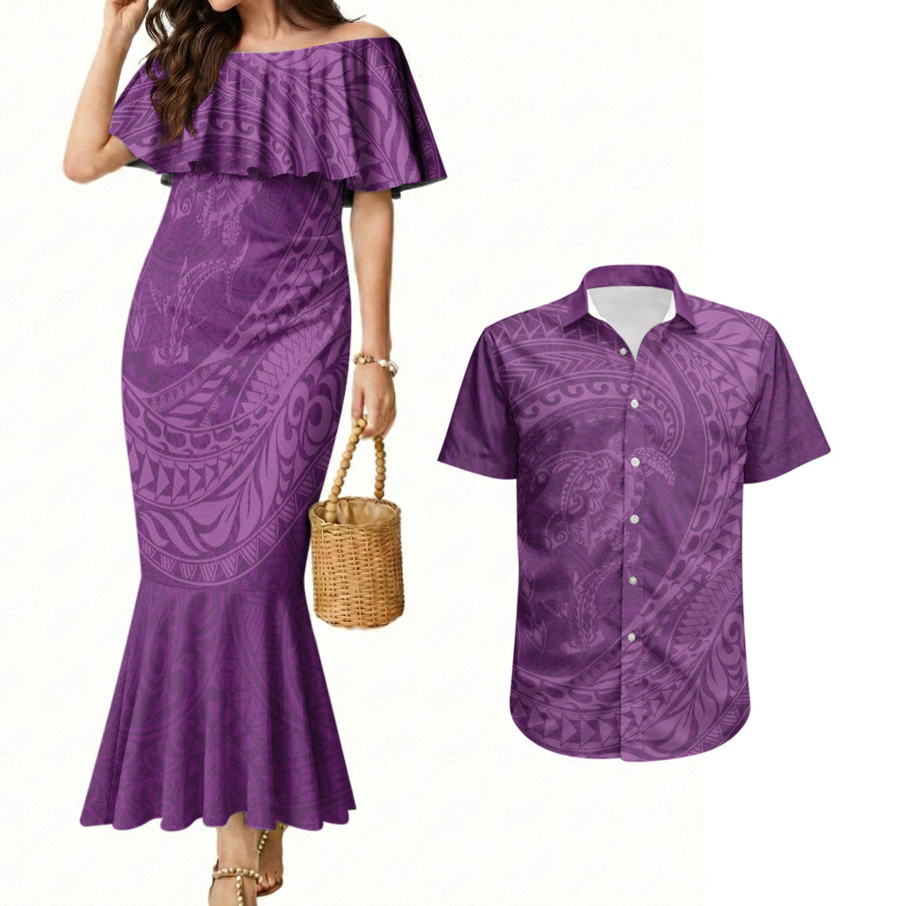 Hawaiian Turtle and Shark Couples Matching Mermaid Dress and Hawaiian Shirt Kakau Tribal with Polynesian Pattern Pink Color