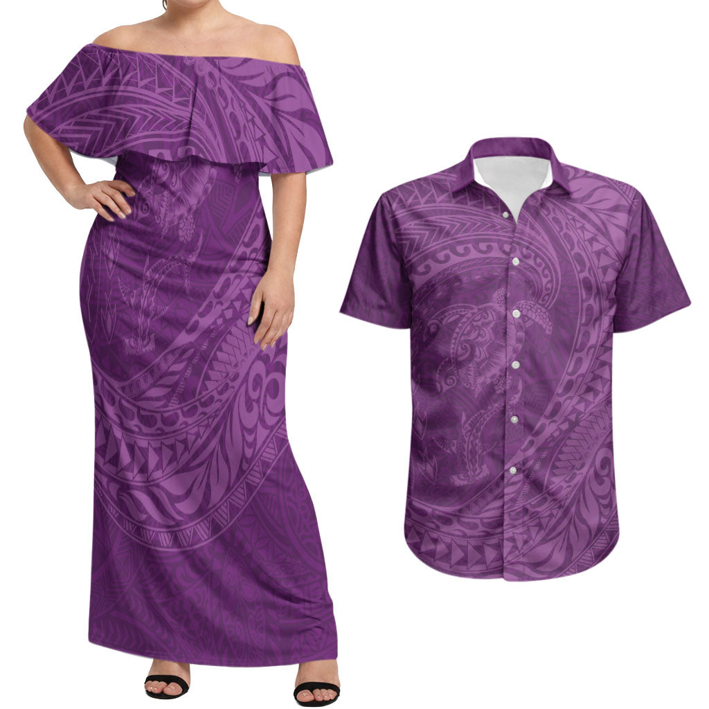 Hawaiian Turtle and Shark Couples Matching Off Shoulder Maxi Dress and Hawaiian Shirt Kakau Tribal with Polynesian Pattern Pink Color