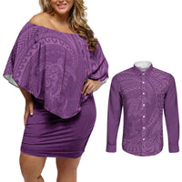 Hawaiian Turtle and Shark Couples Matching Off Shoulder Short Dress and Long Sleeve Button Shirt Kakau Tribal with Polynesian Pattern Pink Color