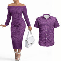 Hawaiian Turtle and Shark Couples Matching Off The Shoulder Long Sleeve Dress and Hawaiian Shirt Kakau Tribal with Polynesian Pattern Pink Color