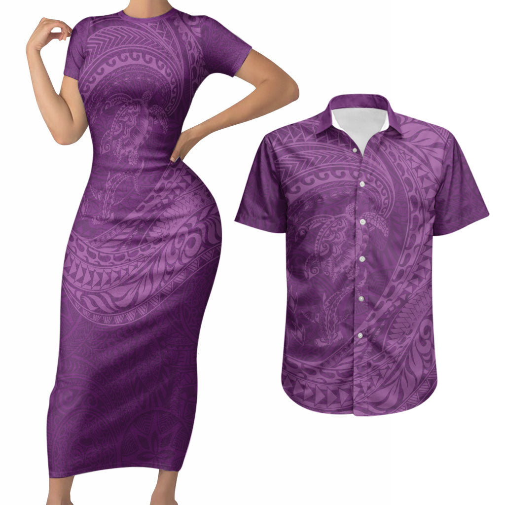 Hawaiian Turtle and Shark Couples Matching Short Sleeve Bodycon Dress and Hawaiian Shirt Kakau Tribal with Polynesian Pattern Pink Color