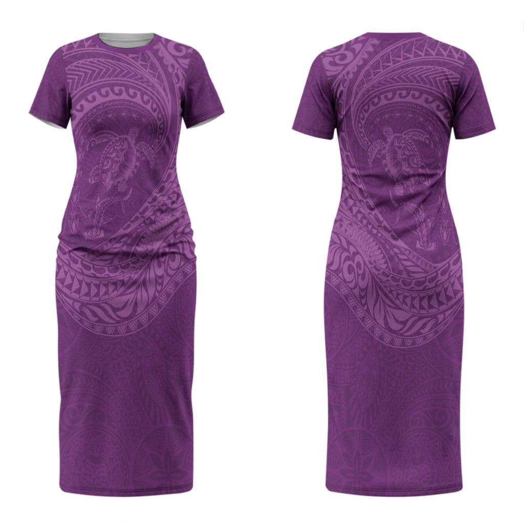 Hawaiian Turtle and Shark Couples Matching Short Sleeve Bodycon Dress and Hawaiian Shirt Kakau Tribal with Polynesian Pattern Pink Color